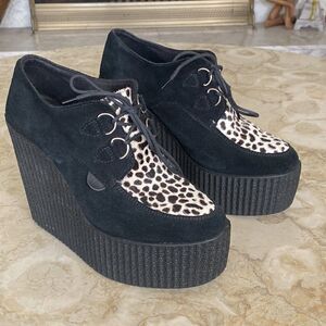 UNDERGROUND Black Leather & Leopard Bovine Fur Platform Wedge Creepers